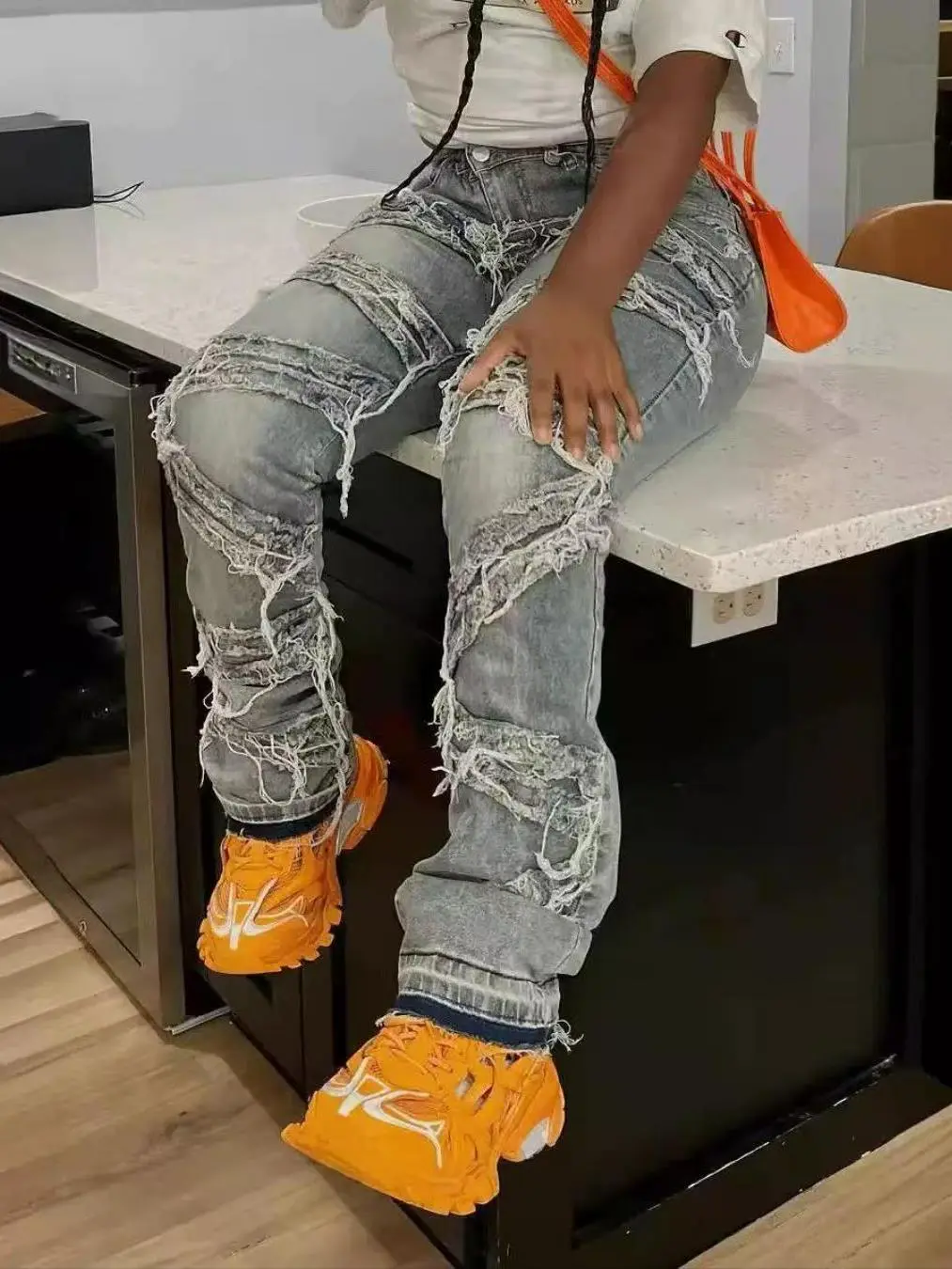 Women's Y2K 90s High Stretch Raw Edge Jeans - Slant Pockets, Unique Tassels, Streetwear, Autumn Bottoms