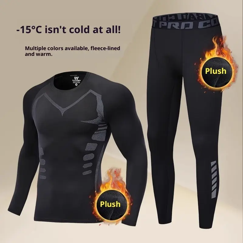 Men's Sports Tight-fitting Fleece Warm Compression Clothes High Elastic for Outdoor Running Skiing Cold Weather Hiking and Camping Plush Lined Colorblock