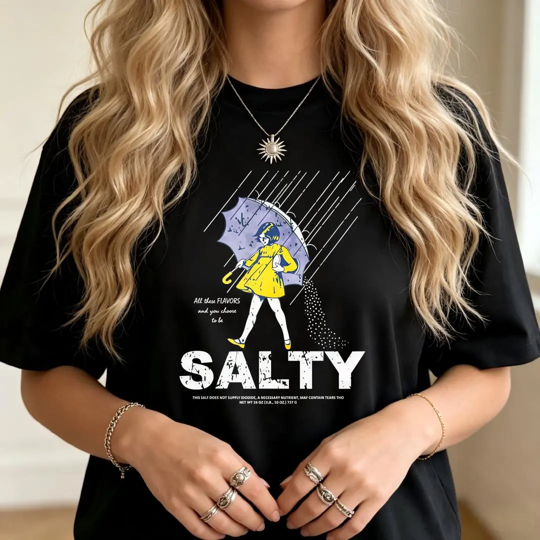 Women's Salty Girl With Umbrella Print Oversized Drop Shoulder Crew Neck Tee, 100% Soft Cotton Relaxed Fit Basic Top, Black & White Streetwear Essential For Daily Layering