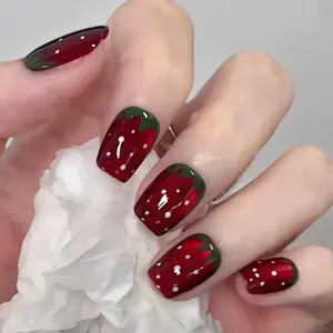 Strawberry Pattern Fake Nail with Nail File & Tape, 30pcs Short Square Press on Nails for Women & Girls DIY Nail Art, Elegant Stick on Nails Kit