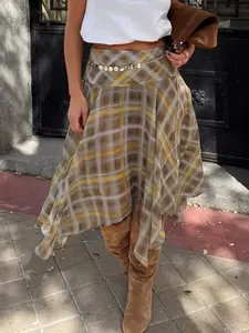 Womens Plaid Asymmetrical Midi Skirt High Waist Flowing Handkerchief Hem Soft Lightweight Fabric Vintage Chic Street Style Streetwear Casual Spring Autumn Outfit Y2K Retro Elegant Slim Fit Daily Wear Fashion Skirt Womenswear Aesthetics