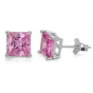 925 Sterling Silver Stud Earrings Pink Tourmaline CZ Princess Cut (5mm)