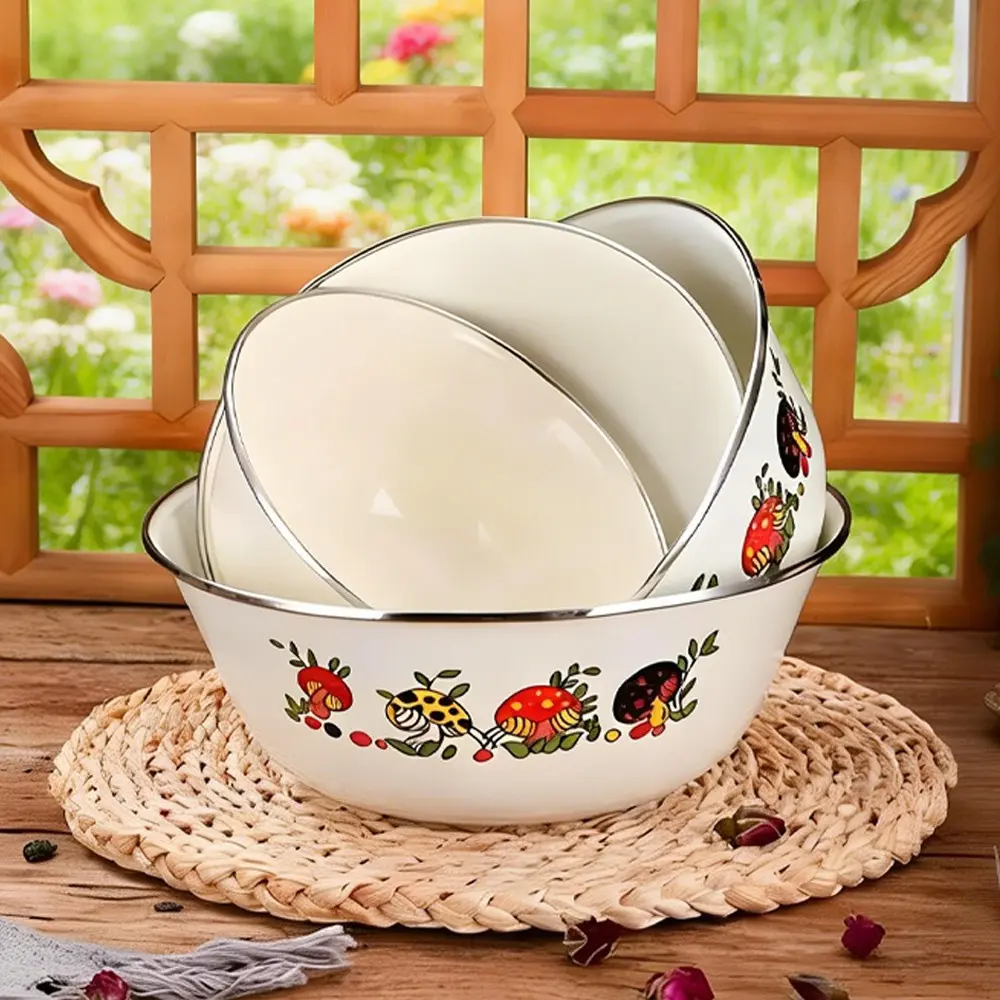 Set of 3 Durable Enamel Bowls with Vintage Floral Design, Kitchen Bowls, Dinnerware, Perfect for Preserving Fruits Vegetables Salads, Dishwasher Safe Reusable