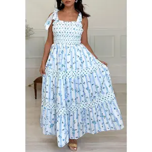 Sky Blue Floral Smocked A-Line Tie Straps Maxi Dress