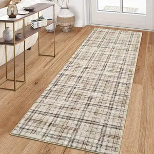 Garvee Washable Modern Tartan Plaid Non Slip Kitchen & Bedroom 2'x6' Beige Stain Resistant Throw Rug