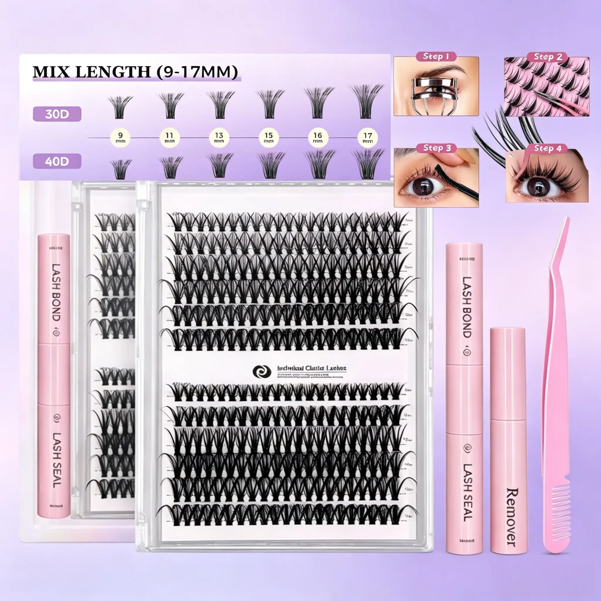 Mixed Length False Eyelashes,With Lash Bond, Lash Seal, Remover and a pairof tweezers,30D 40D Individual Lashes MixLength 9-17mm,240 Pcs,Natural EyelashExtensions, DIY Eyelashes Kit,Lashes GlueExtension, Cosmetic, Flawless MakeupLightweight tiktoksh
