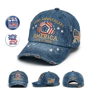 [FREE 2 PINS] USA 250th 1776–2026 Distressed Denim Baseball Cap Patriotic Vintage Dad Hat Adjustable Unisex USA Flag Hat