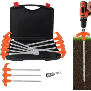 8" Tent Stakes Heavy Duty 12 Pack, Screw in Tent Stakes, Metal Threaded Camping Stakes, Ground Anchors for Canopies, Gardening, Yard Stakes for Inflatables, with Storage Box and Hex Socket