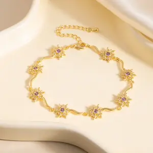 Dainty Sunflower Bracelet for Women, Gold Adjustable Purple Crystal Chain, Cute Aesthetic Jewelry, Summer Trend Gift for Her, Birthday Vacation Jewelry