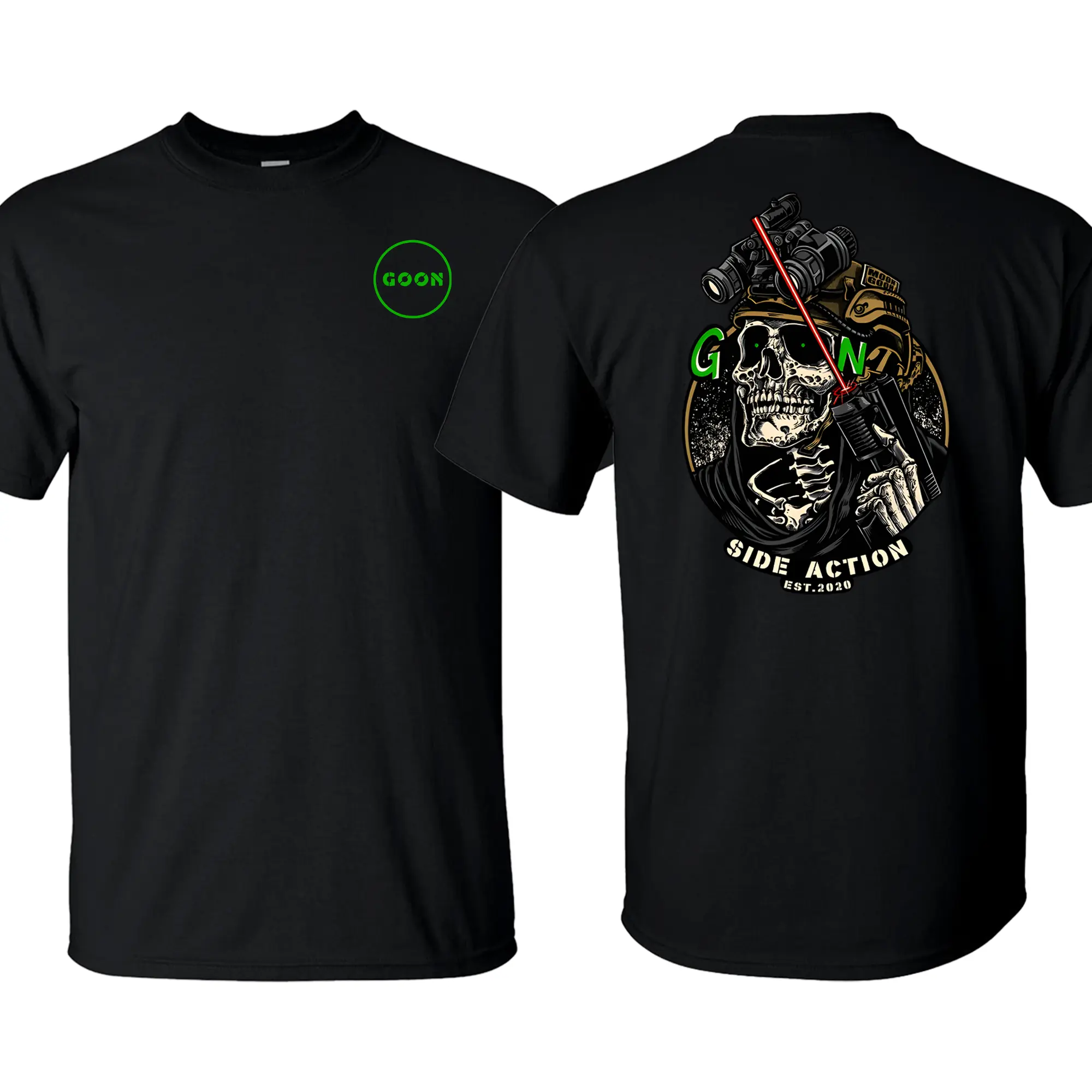 G.O.O.N Skull Operator – Side Action Tactical Death Soldier Tee, Patriotic Military Graphic Tee, Perfect Gift for Veterans and Soldiers, Unisex Cotton Short Sleeve Shirt for Daily Wear, Outdoor Activities & Casual Street Style