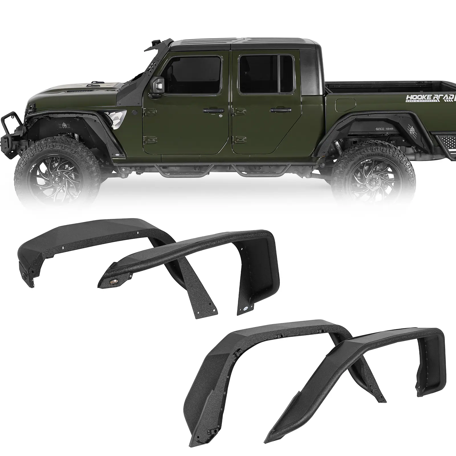 Hooke Road Powder Coated Steel Tube Flux Fender Flares - 4 Pcs, About 75 lbs, Bolt-On for 2020-2026 Jeep Gladiator JT, Off-Roading, Amber Turn Signal Lights, Increases Tire Clearance, Tire Protection, Aggressive, Steel Tubes