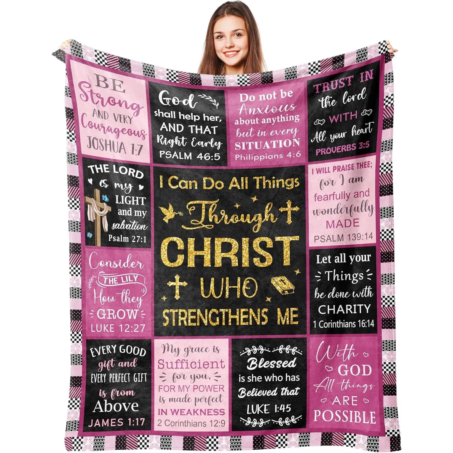 [Father's Day Gift] Soft Traditional Christian Bible Verse Flannel Blanket, 100% Polyester Breathable All-Seasons Throw, 1-Sided Print, Machine-Wash Religious Inspirational Gift for Men