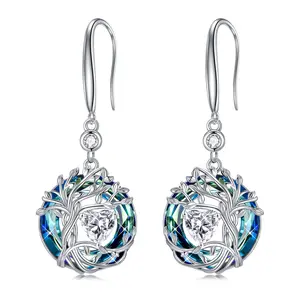 Tree of Life Birthstone Earrings for Women,s925 Sterling Silver Dangle Drop Earrings Jewelry with Created Austrian Crystal,Christmas/Valentines Day/Mothers Day/Birthday Gifts for Women Her Girlfriend Mom