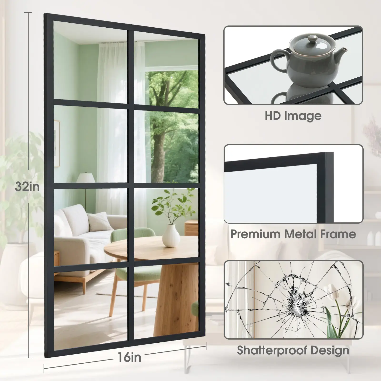 Windowpane Shatterproof Wall Mirror