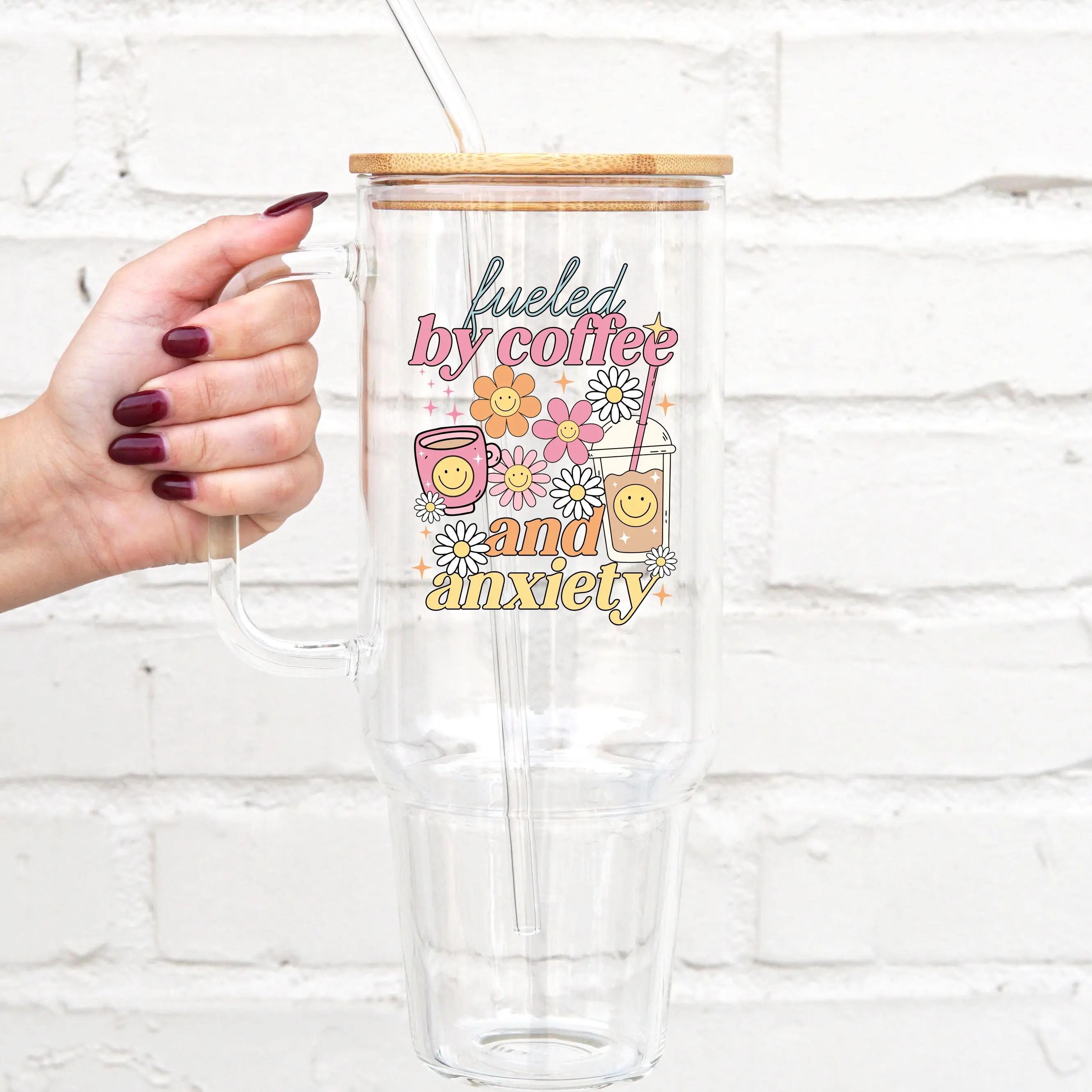 Fueled by Coffee & Anxiety 40oz Glass Tumbler with Lid and Straw, Iced Coffee Drinkware, Gift for Her, Acrylic Tumbler, water bottle for women, mental health gifts, Insulated Lid Bottle, Bottled