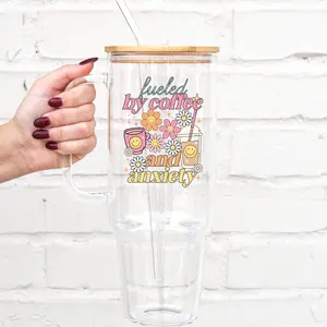 Fueled by Coffee & Anxiety 40oz Glass Tumbler with Lid & Plastic and Glass Straws