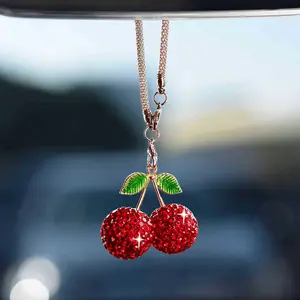 Bling Cherry Car Hanging Ornament, Cute Crystal Rear View Mirror Pendant, Sparkly Diamond Rearview Mirror Charms, Lucky Car Interior Decor Accessories (Red)