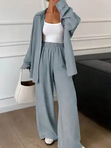 Two piece set of women's fashionable, high-end, relaxed, plain textured long sleeved shirt+high waist wide leg pants set, suitable for all seasons, suitable for short trips, exploring stores, shopping, daily home, workplace, commuting