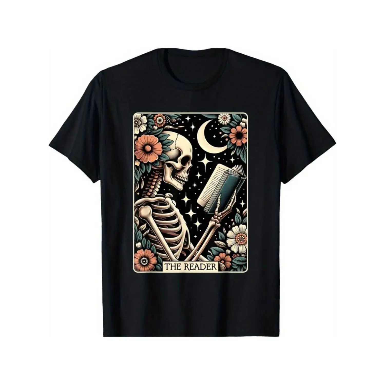 Graphic vintage tee [Fast Arrival] The Reader Tarot Card Skeleton Reading Book Bookworm Bookish T-Shirt for Men Women, Christmas Halloween Thanksgiving day Gift