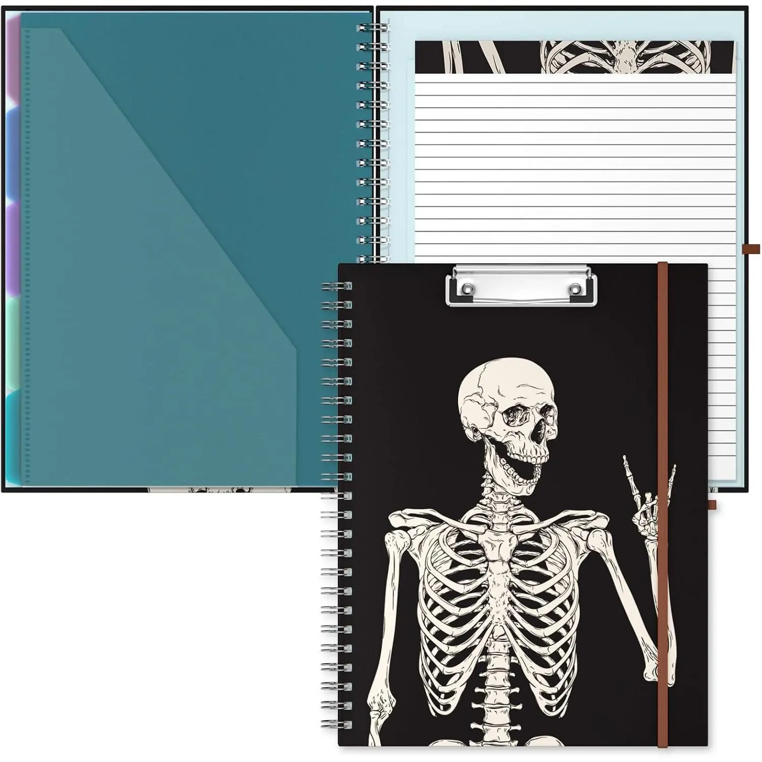 Skeleton Hardcover Cardboard Clipboard Folio - 8.5x11 Refillable Lined Notepad, 10-Pocket Storage Folder, 12.8x9.7 Spiral Portfolio, Fashion Design Office Supplies for Teachers, Lawyers