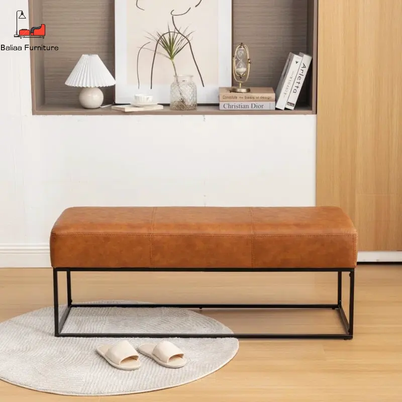 2024 BALLIAA Faux Leather Entryway Bench Seat, Modern Ottoman Bench with Upholstered Seating, Metal Frame Leather Bedroom Bench [47'', Yellow] bed bench Foot Stool Durable