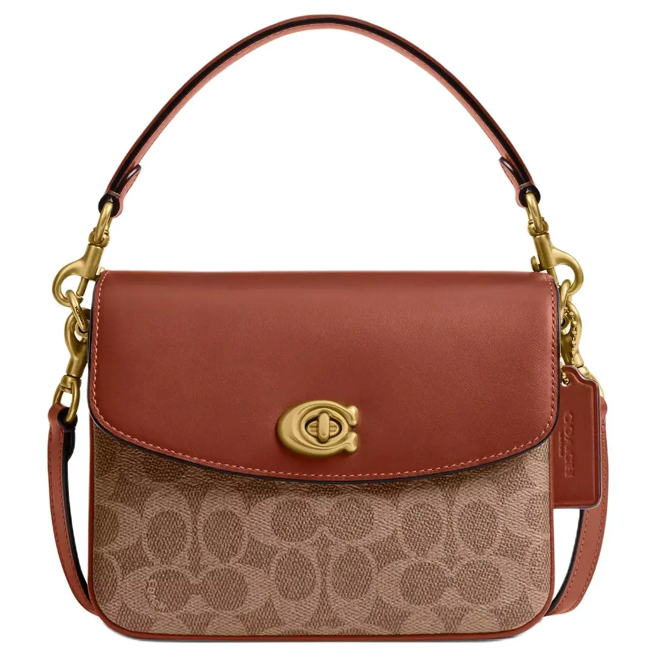 COACH Cassie 20 Small Crossbody Bag with Detachable Chain Strap and Twist Lock Closure in Coated Canvas for Women, Brown and Caramel Color