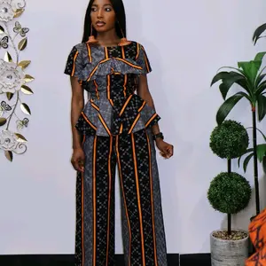 African Print Two-Piece Set - Peplum Top & Wide-Leg Pant