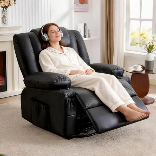 Oversized Leather Recliner Chair with Swivel, Rocker, Massage, Heating, USB Port, Cup Holders, and Side Pockets for Living Room, Nursery, Bedroom, Black
