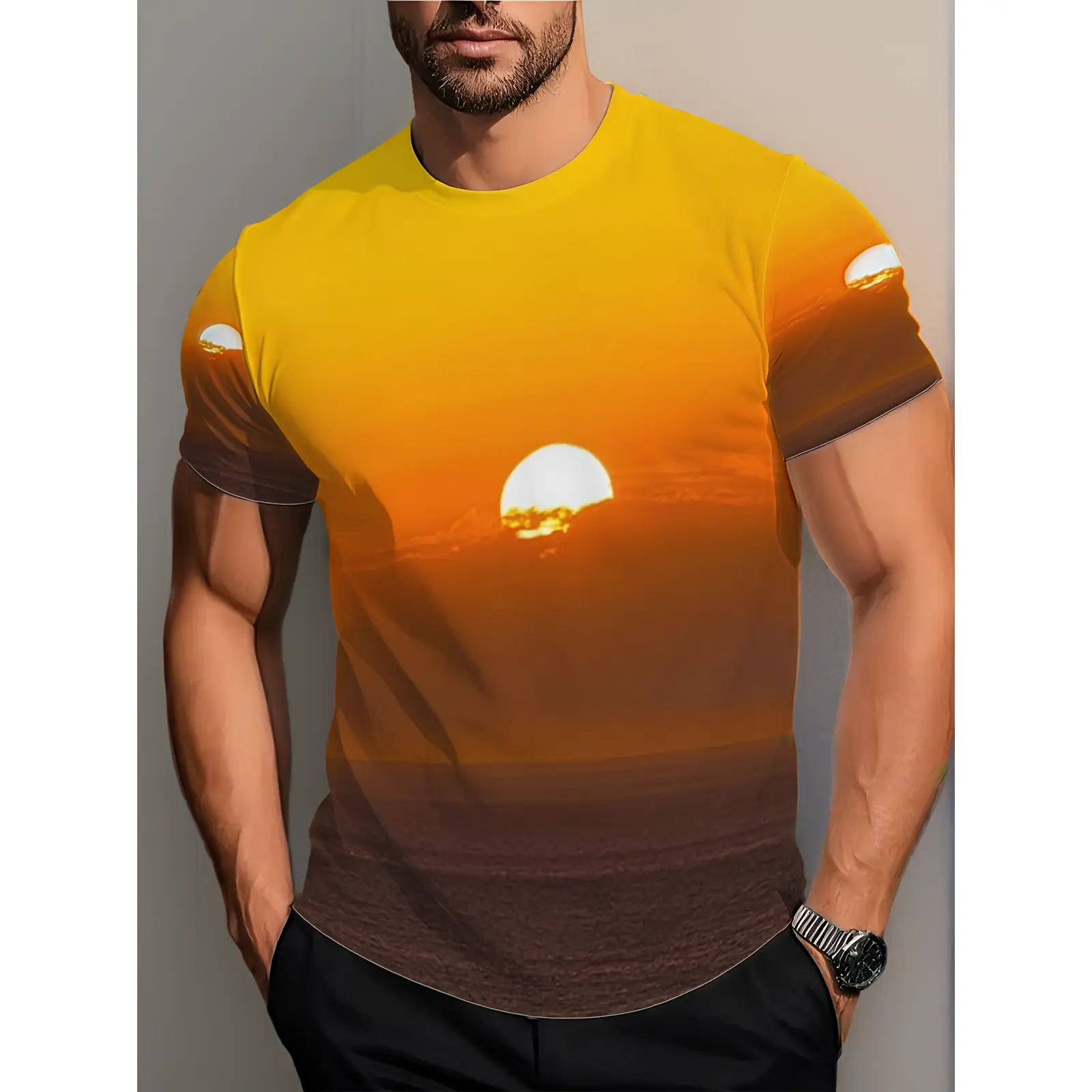 Sea Sunset Scenery T-Shirt Orange Sky Ocean Sun Print Casual Short Sleeve, Plus Size