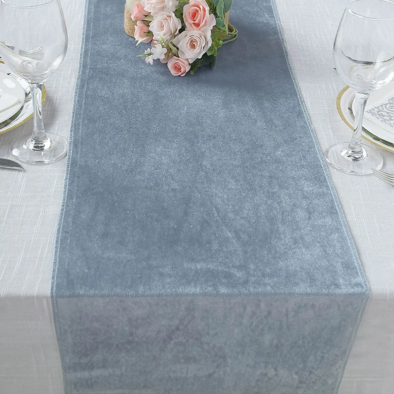 Premium Velvet Table Runner, 12"x108" Dusty Blue - Sheen Finish, Reusable Velvet Linen for Table Setting, Banquet Decor, Wedding Events, Hand Wash Only