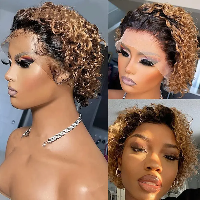 ShowReal 13x1 HD Transparent Lace Frontal Wig Human Hair Pixie Cut Jerry Curly Wig For Women