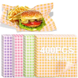 400 Counts Greaseproof Paper Liners Waterproof Sandwich Paper Wraps Plaid Food Wrapping Paper 4 Colors Paper Basket Liner Paper Sheets for BBQ Picnic Festival Party Fast Food 18x18cm Bakeware Utensils