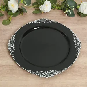20-Pack Economy Plastic Charger Plates 13" Round Black with Silver Embossed Baroque Rim - Stylish Dinner Party Serving Plates