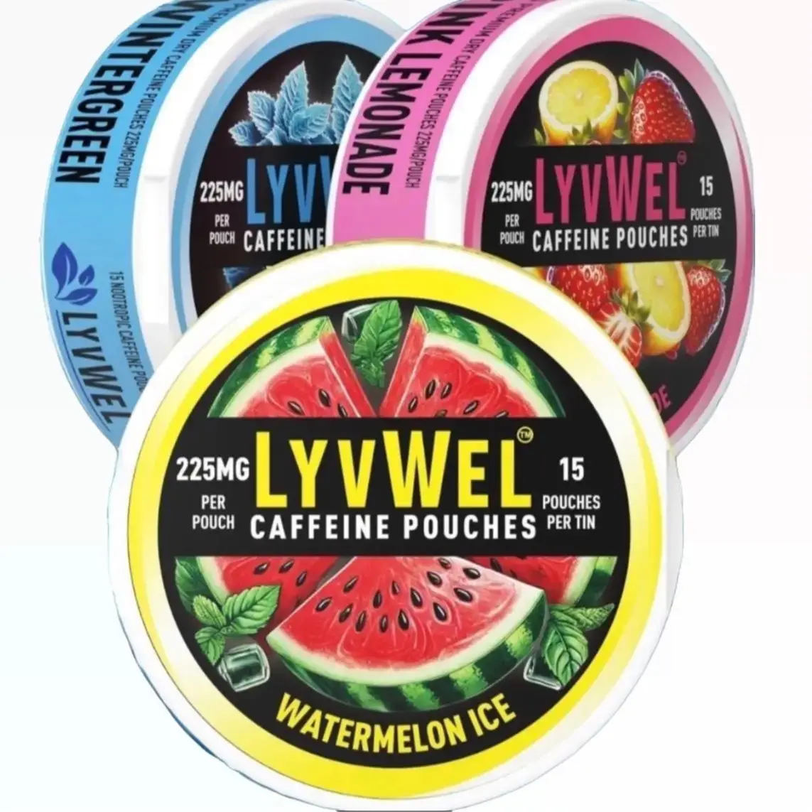 Caffeine Pouches 225mg - 3 pack - Watermelon Wintergreen & Pink Lemonade 15 Pouches Per Pack Portable Energy Boost Beverage drink Sport