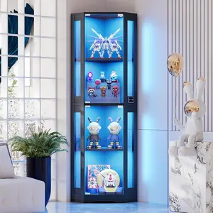 65" Corner Glass Display Cabinet with LED Lights, 4-Tier Showcase Display Case with Glass Doors & Human Body Sensor for Collectibles, Liquor, Black
