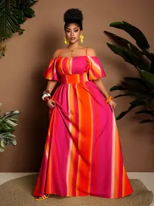 Plus Size Rainbow Striped One-Shoulder Dress, Waist-Cropped Beach Long Dress, European Style Vacation Dress, Summer, Beach Party, Daily Wear