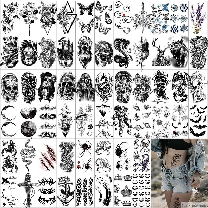 72 Sheets Temporary Tattoo for Men Women Adults, Include 12 Sheets Black 3D Half Sleeve Temporary Tattoos, Halloween Tattoos Scary Lion Wolf Tiger Skull Skeleton Tattoos Stickers Flower Water Proof Kit Long Lasting