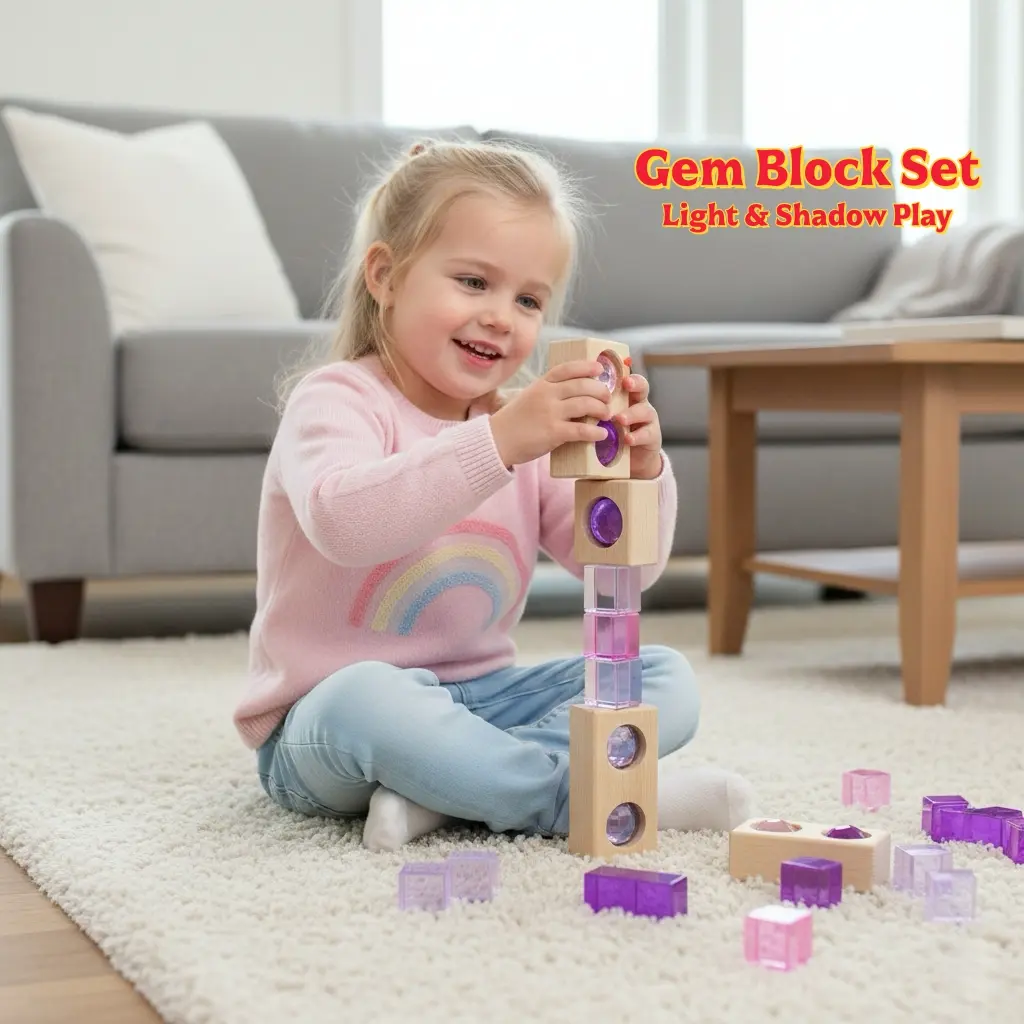 Unisex Colorful Transparent Acrylic Gem Fairy Window Creative Building Set - Wood Transparent Building Blocks, Montessori Educational Stacking Toy with Kaleidoscope, Safe Sensory Toy for 3-6 Age Playtime