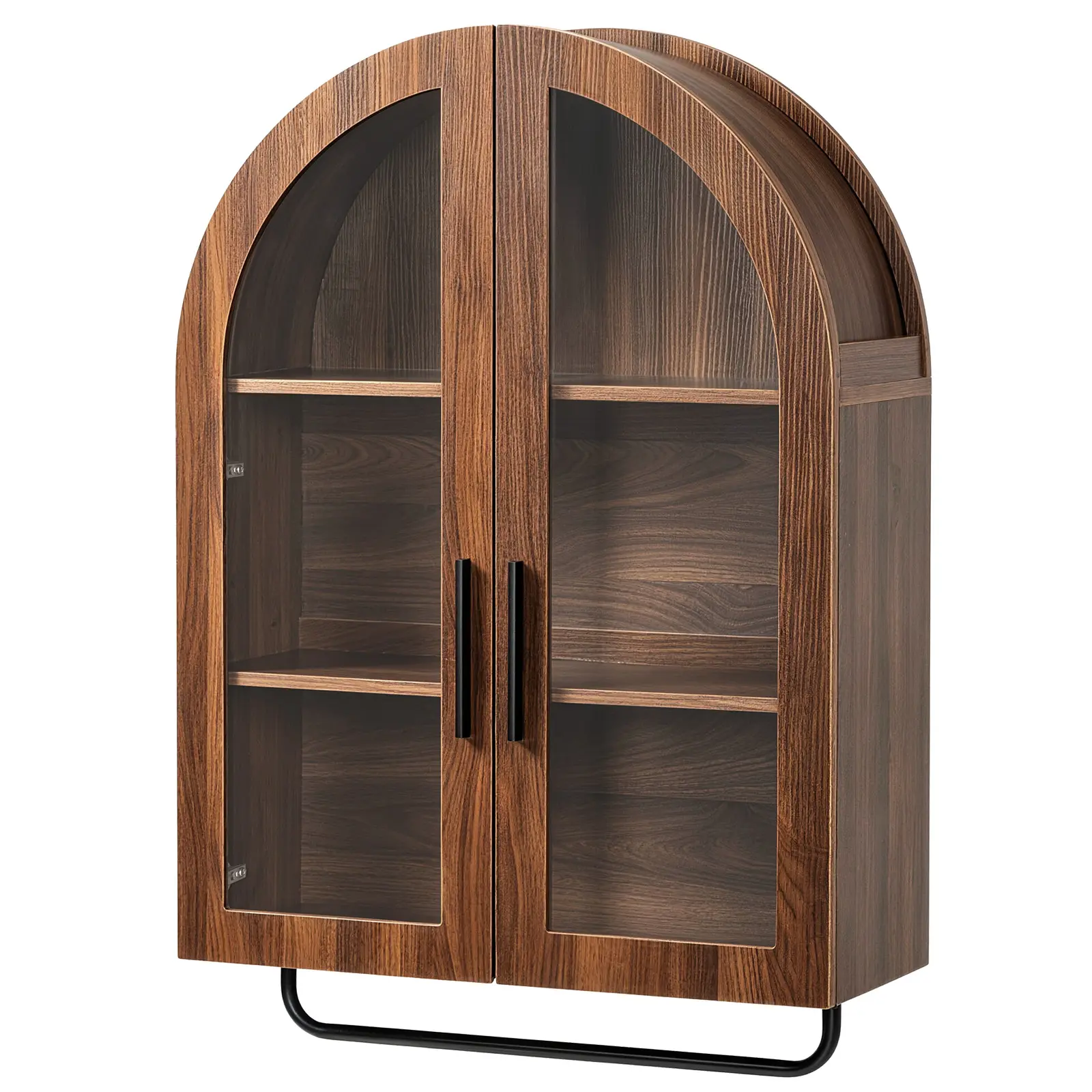 Karlhome Walnut Finish MDF Bathroom Wall Cabinet - Melamine Laminate Surface, Double Glass Doors, 3 Adjustable Shelves, Towel Bar, Curved Top, 60×24×88cm