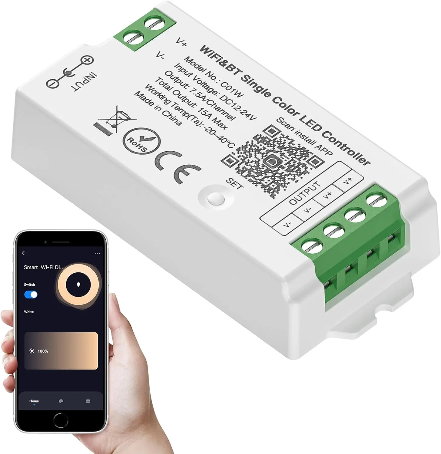 C01W WiFi  Single Color LED Strip Controller Group Control Support Tuya  Life APP/Voice Control Compatible with LM091 LM096 LM007 LM097 Single Color Remote DC12-24V