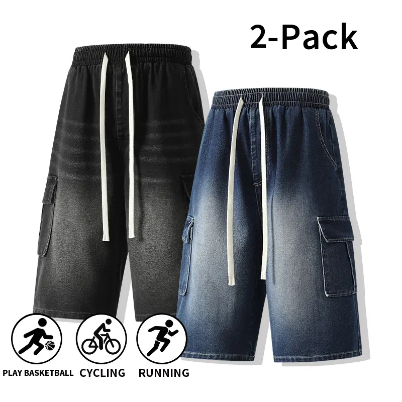 Vintage Faded Denim Cargo Shorts for Men, 2-Pack Set, Loose Fit Casual Streetwear with Elastic Drawstring, Outfits, Stylish, Menswear, Distressed, Baggy