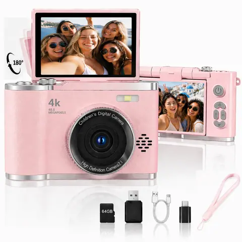 SAIKIDS Pink Compact Digital Selfie Camera for Kids 12 Years Above - 64GB Micro SD Card Included, 2.4in 180° Flip Embedded Screen, 16x Zoom, 64MP Photo/Video, Travel Device, Unisex Birthday Gift Gear