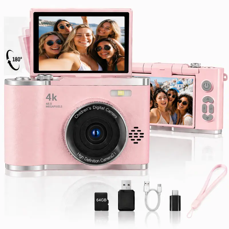 SAIKIDS Pink Compact Digital Selfie Camera for Kids 12 Years Above - 64GB Micro SD Card Included, 2.4in 180° Flip Embedded Screen, 16x Zoom, 64MP Photo/Video, Travel Device, Unisex Birthday Gift Gear
