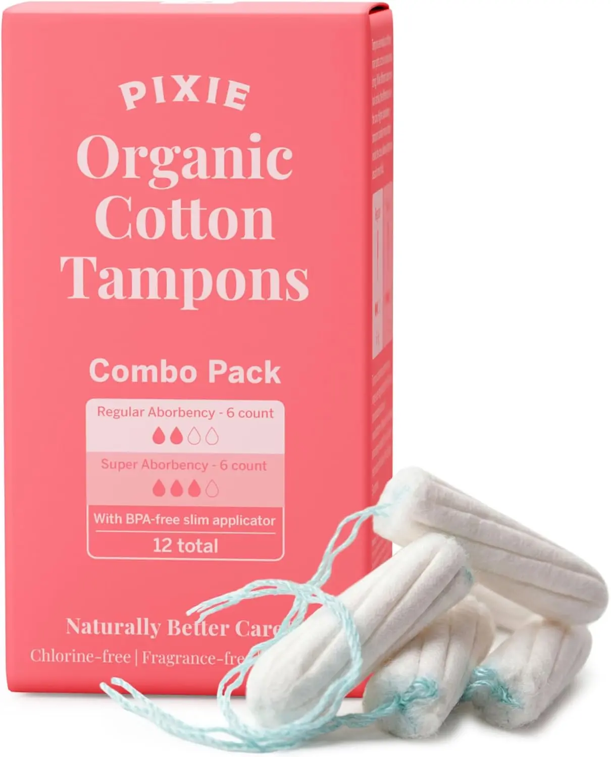 Pixie Organic Cotton Tampon Combo Pack – Regular & Super Absorbency – BPA-Free Long Applicator – Unscented, Chlorine-Free Feminine Care – 12 Count