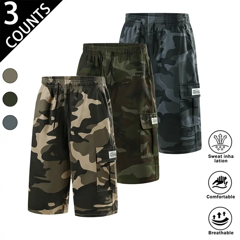 *3-pack men’s camouflage cargo shorts—multi-pocket workwear fit, loose and comfortable, breathable, sweat-wicking, and wear-resistant. Ideal for outdoor leisure and everyday wear; trendy, versatile cargo shorts for summer.