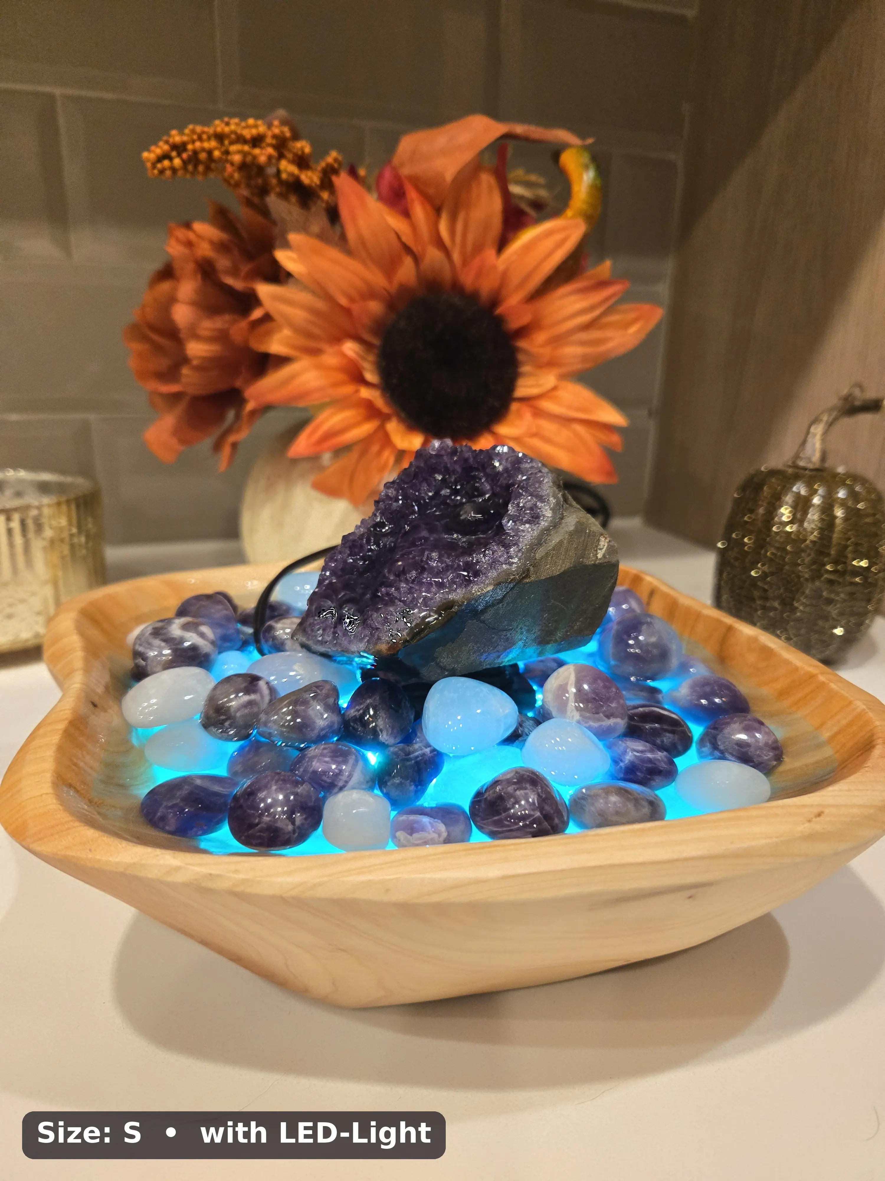 Handmade Amethyst Crystal Fountain with LED Light – Real Wood Bowl, Tabletop Water Feature