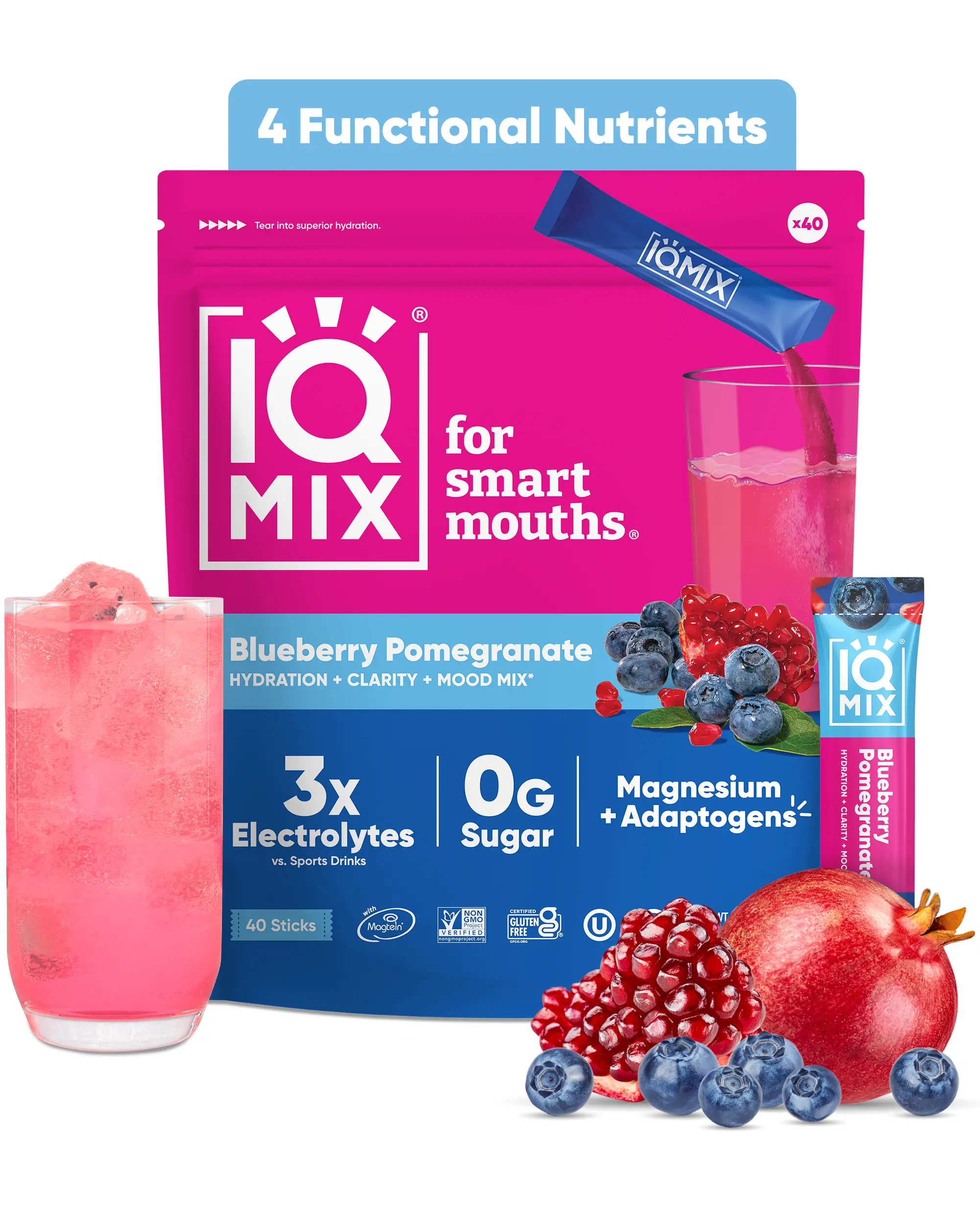 IQMIX Blueberry Pomegranate Vegan Hydration Supplement Powder Packets - 40 Sticks, Sugar-Free Electrolytes, Smooth & Vibrant Mixed Beverage Mix