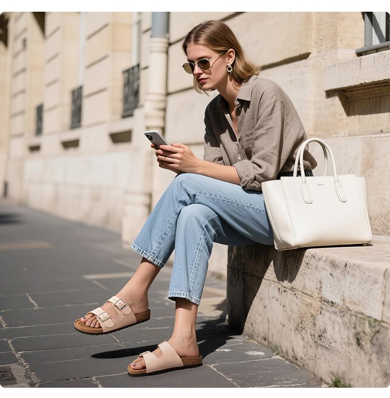 Trary Women's Slides Sandals with Cork Footbed Open Toe Flat Sandals for Women Adjustable Double Buckles Comfortable Slip On Slippers for Summer Party Casual Shoes  Dealsforyoudays