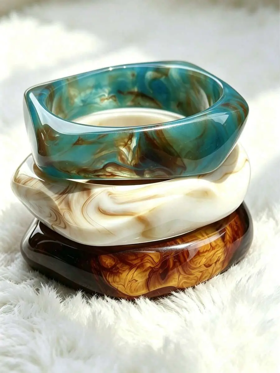 Asymmetrical Resin Acrylic Bangle Set, Bohemian Style Statement Jewelry Accessory, Versatile Layered Bangle For Women