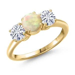 Gem Stone King 18K Yellow Gold Plated Silver Pink Moissanite and White Moissanite Engagement Ring For Women | 1.80 Cttw | Round 6MM | Gemstone Birthstone